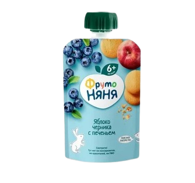 Пюре ФрутоНяня яблоко черника печенье с аронией пауч 90гр - фото 29689