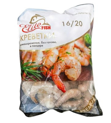 Креветки Elite Fish 16/20 сырая б/гол в панцире с/м ПРЕМИУМ Китай 1кг - фото 36153