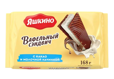 Вафельный сэндвич Яшкино с какао и молочн.начинкой 168гр - фото 41689
