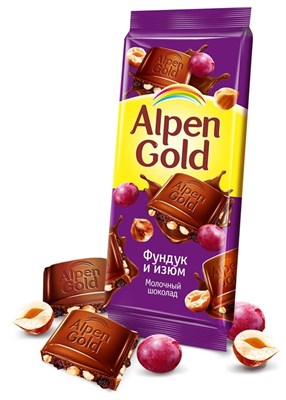 Шоколад Альпен Гольд с фундуком и изюмом 85гр - фото 8634